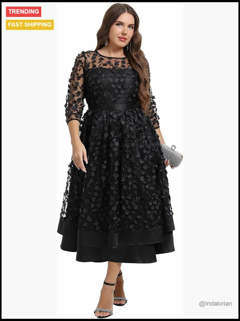 Plus Size 3d Posy Floral Midi Dress With 3/4 Sleeves